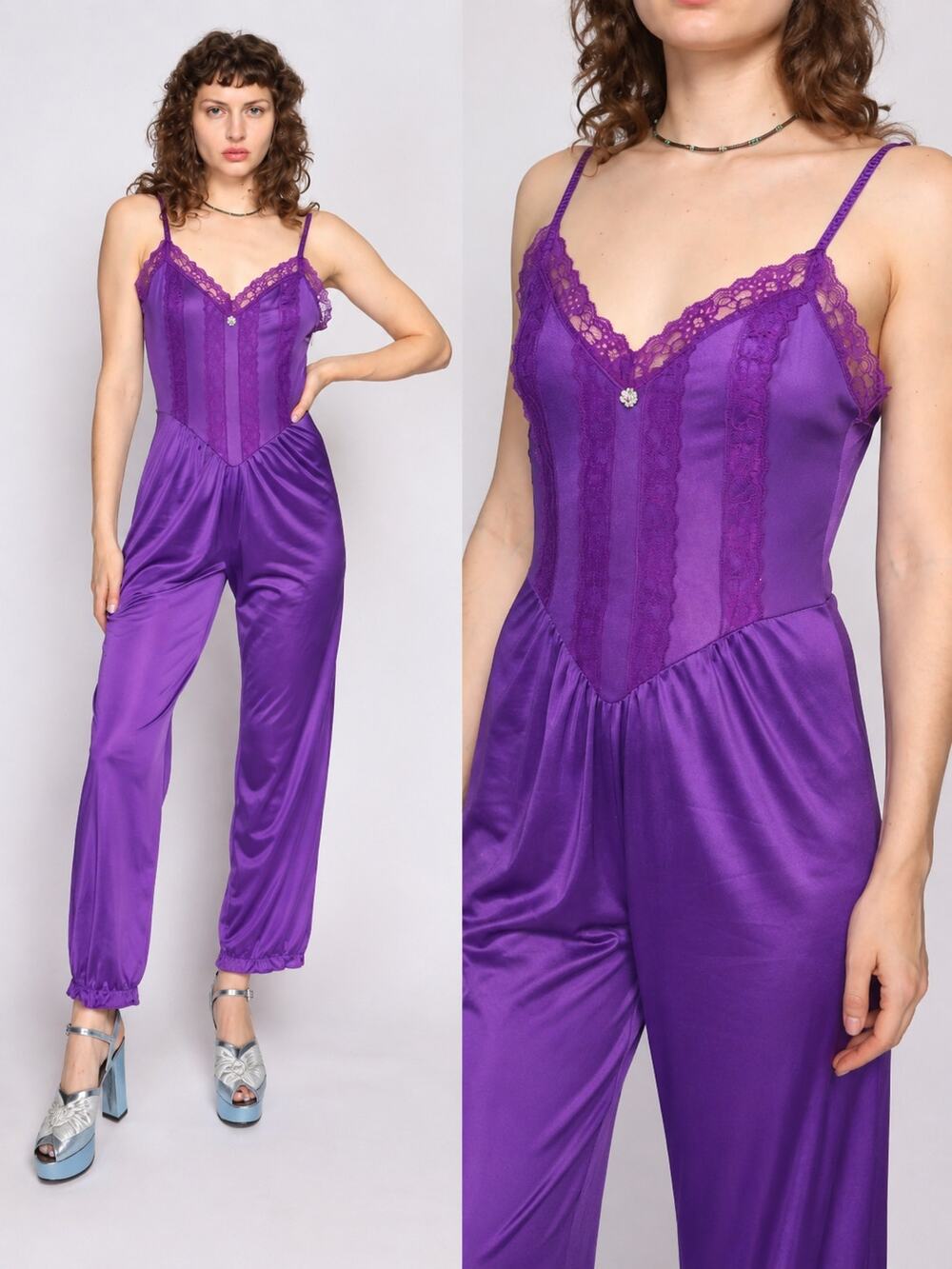 Vintage Lady Lynne Purple Satin Lace Jumpsuit Made USA Y2K Fairycore M